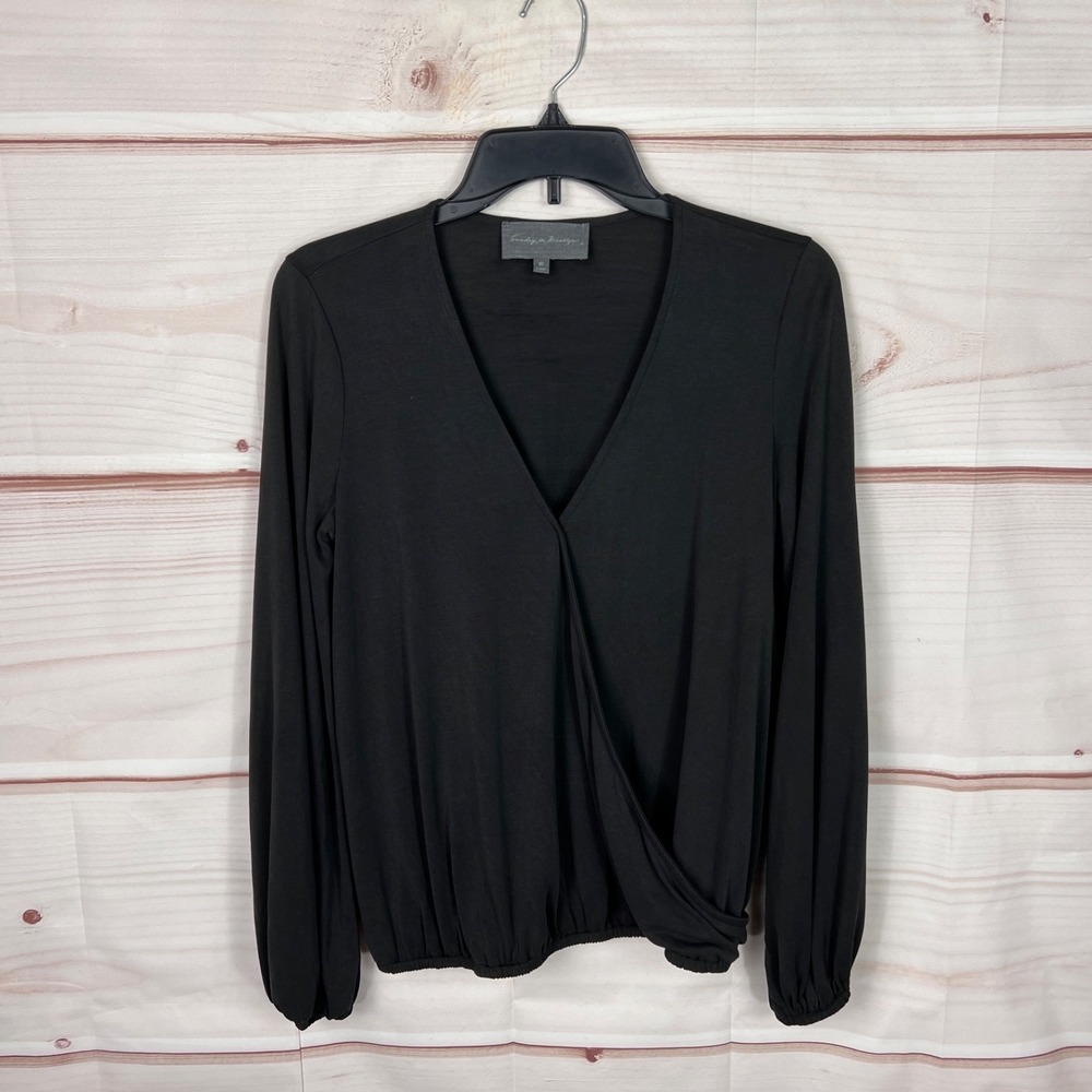 Sundays in Brooklyn Top Womens XS Black Faux Wrap Blouse Knit V-Neck Long Sleeve